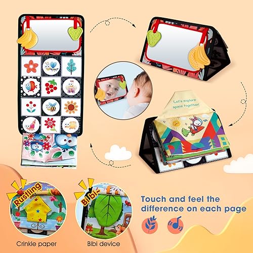 Miniatura 4 de Juego de juguetes 2 en 1 con espejo para el tiempo boca abajo, incluye actividades 3D de alto contraste, juguetes arrugados, sonajero y mordedores