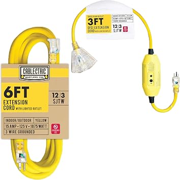 6ft Heavy Duty Extension Cord, 12/3 Lighted Plug Yellow SJTW Weatherproof 3 Prong Grounded Plug & 3Ft Outdoor GFCI Extension Cord Pigtail 15Amp 12/3 SJTW Heavy Duty Gauge Lighted Yellow