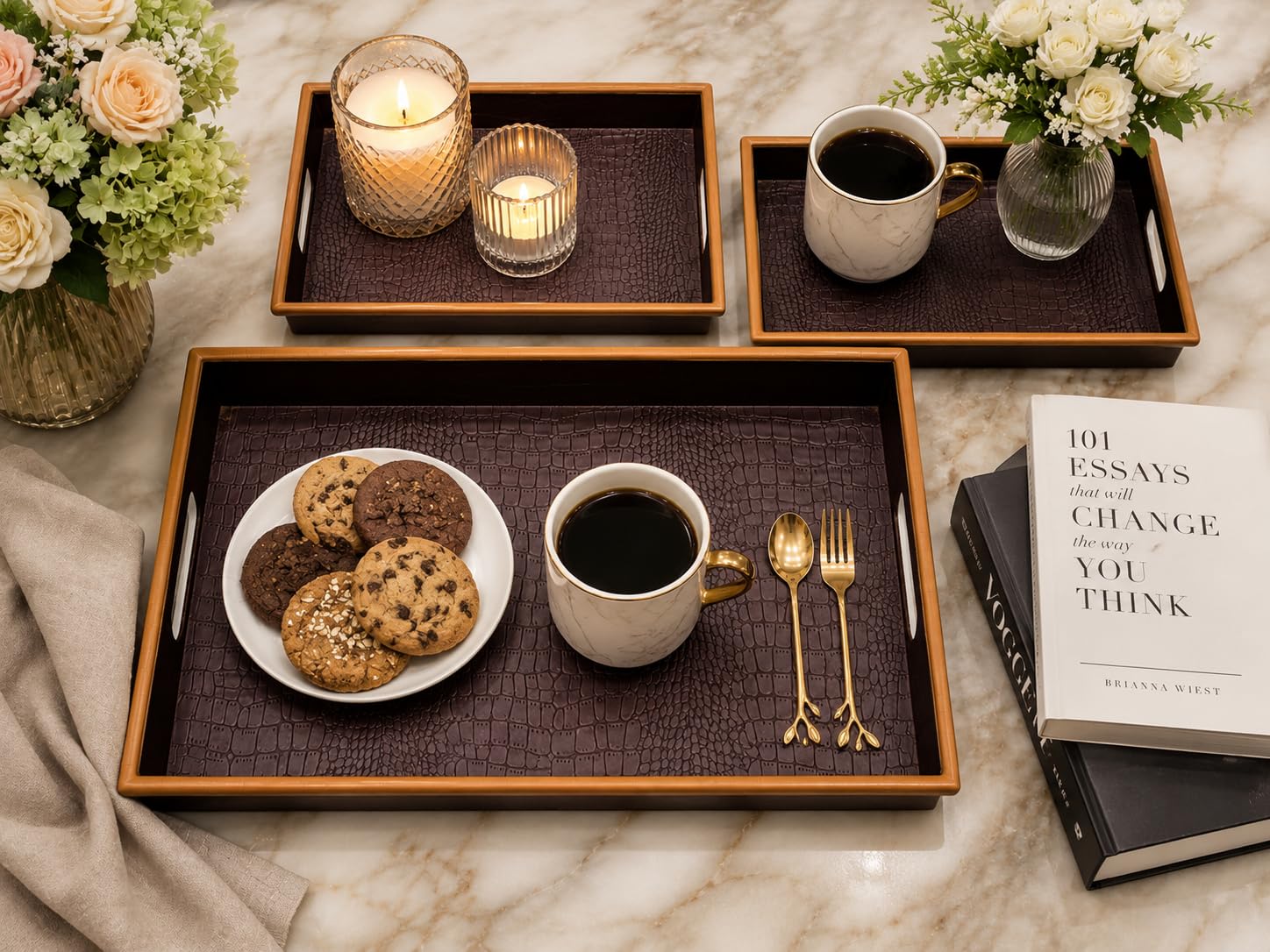 KITCHIVO™ 3 Pcs Plastic Serving Tray Set with Handle | Multipurpose Tea Snacks Breakfast Tray | Floral Printed Rectangular Serving Trays for Kitchen & Home (Dark Chocolate)-image-27