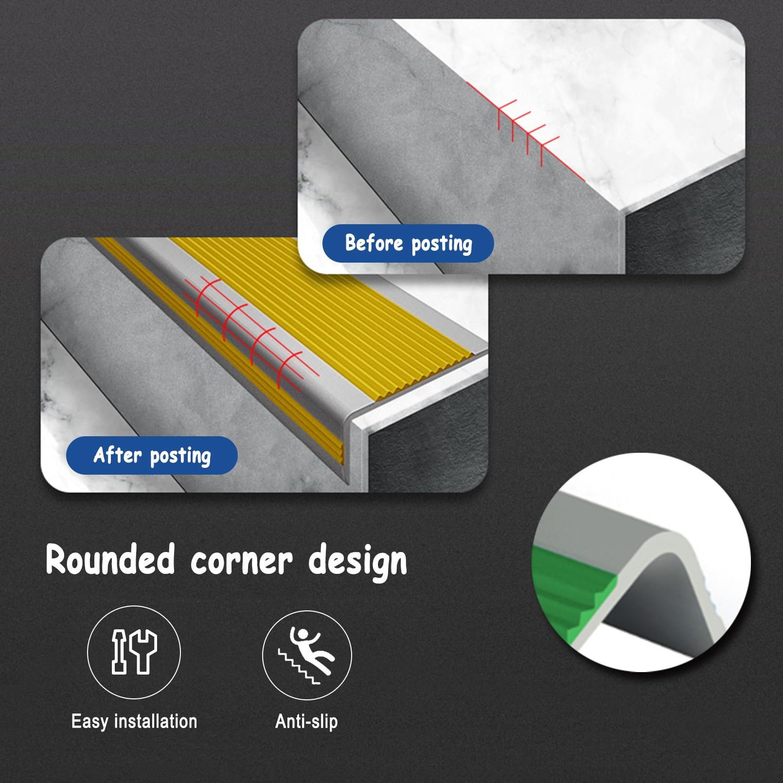 Tiras Antideslizantes Para Peldaños, Borde de Escalera de Vinilo Antideslizante, Utilizado Para Escaleras Interiores Y Exteriores, Antideslizante Para Bordes de Escalera(Grayish yellow,3m/118in)