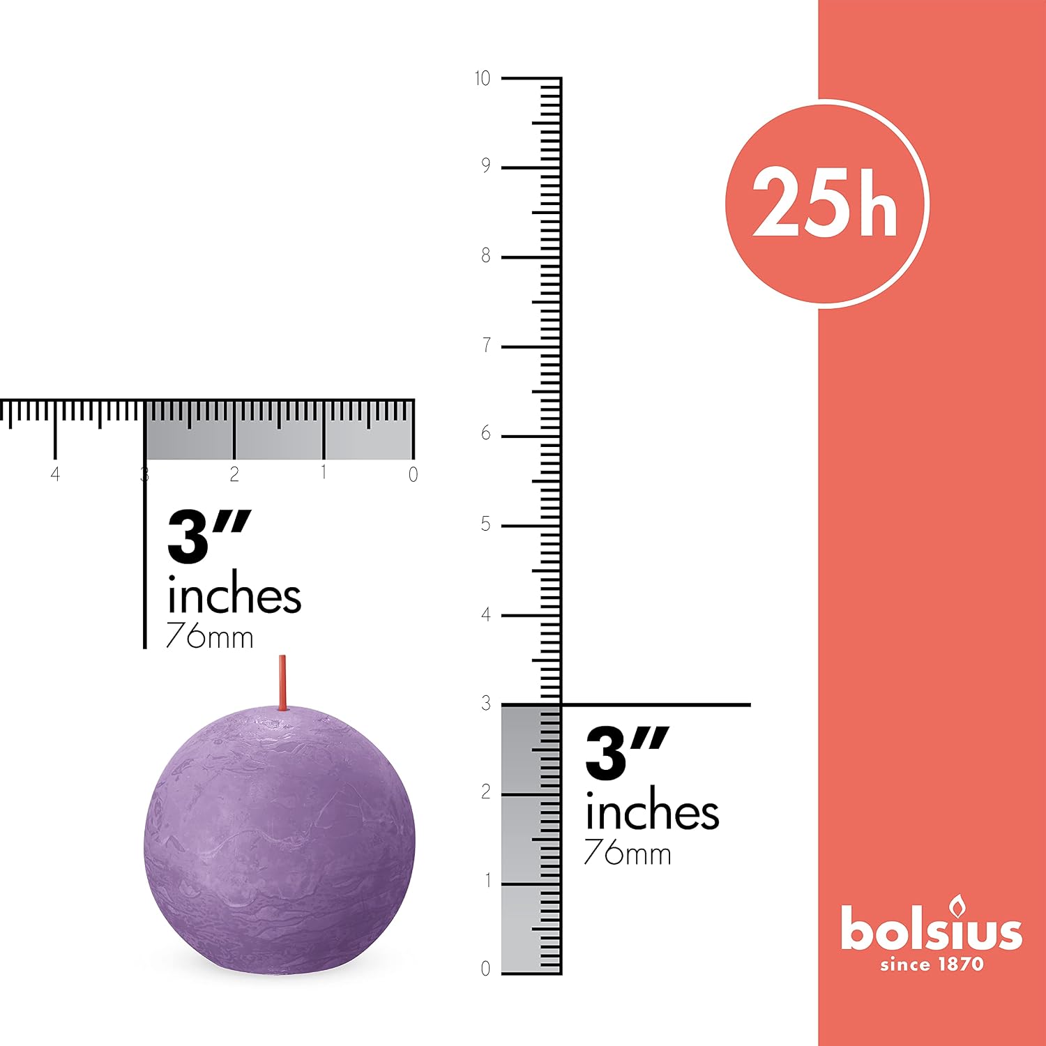 BOLSIUS 3 Pack Vibrant Violet (Purple) Rustic Ball Pillar Candles - 3 Inch - Premium European Quality - Natural Eco-Friendly Plant-Based Wax - Unscented Dripless Smokeless 25 Hour Party Décor Candles
