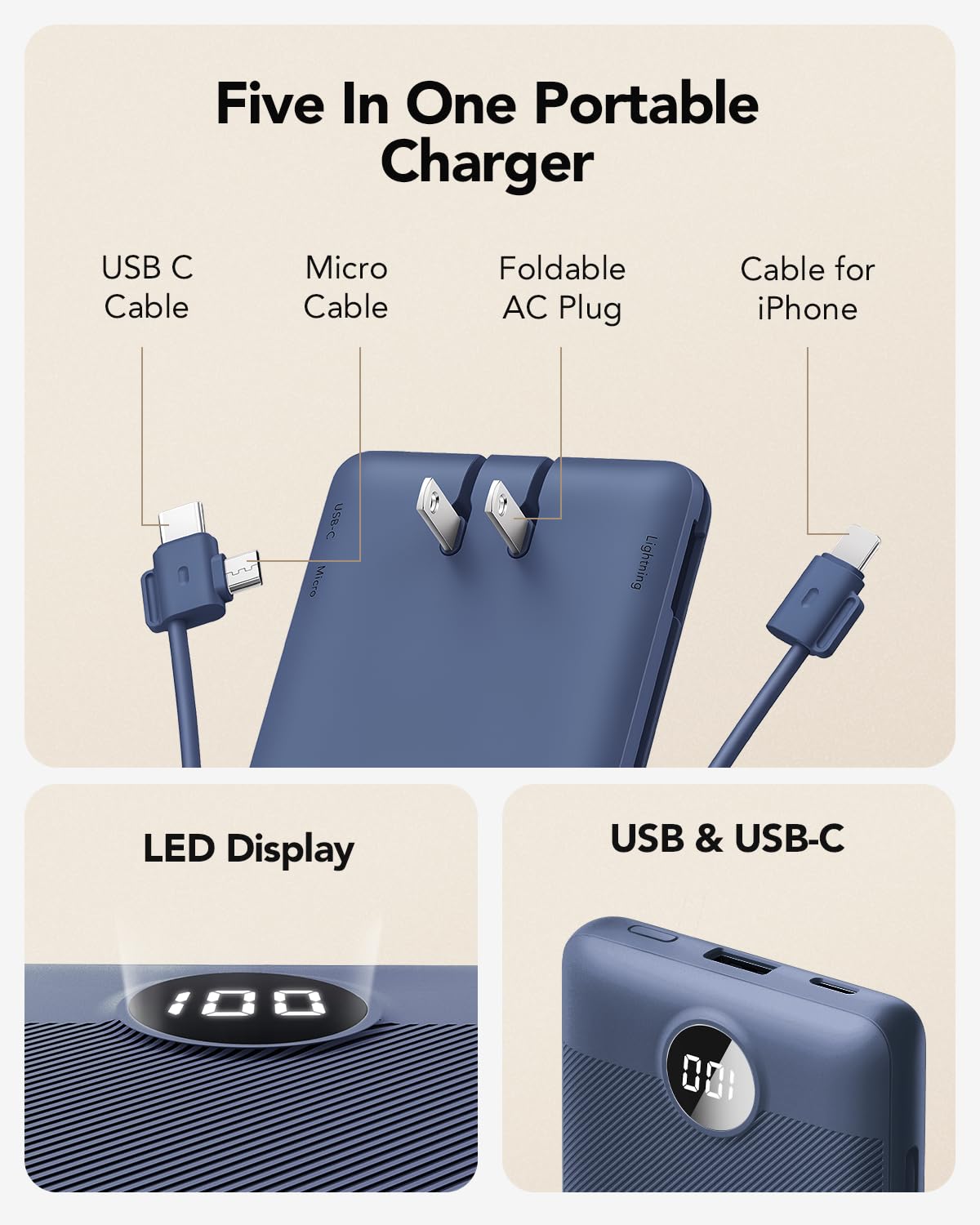 VRURC Portable Charger Built-in Cables and AC Wall Plug, USB C Power Bank 10000mAh, Travel Battery Portable Phone Charger Compact Lightweight External Battery Pack for Smart Phones, Tablets etc-Navy view 2