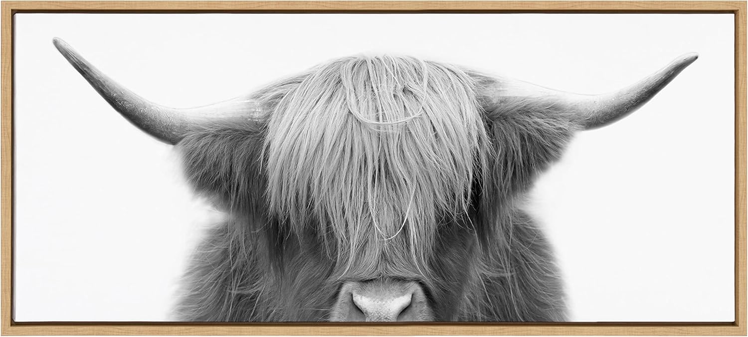 Kate and Laurel Sylvie Hey Dude Highland Cow Framed Canvas Wall Art by The Creative Bunch Studio, 18x40 Natural, Farmhouse Rustic Panel Art for Wall