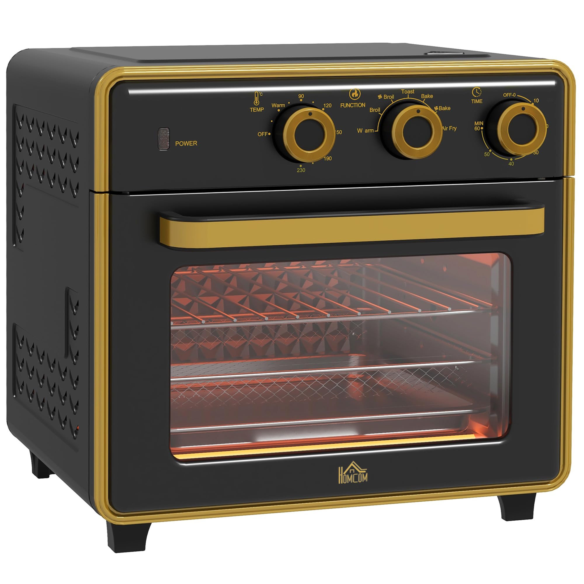 HOMCOM Minibackofen mit Umluft 20L Mini Ofen mit Backblech, Grillrost und Krümelblech, 90 °C-230 °C Heißluftfritteuse mit 5 Modi, Frittierkorb, 60 Min. Timer, 1400W, Metall