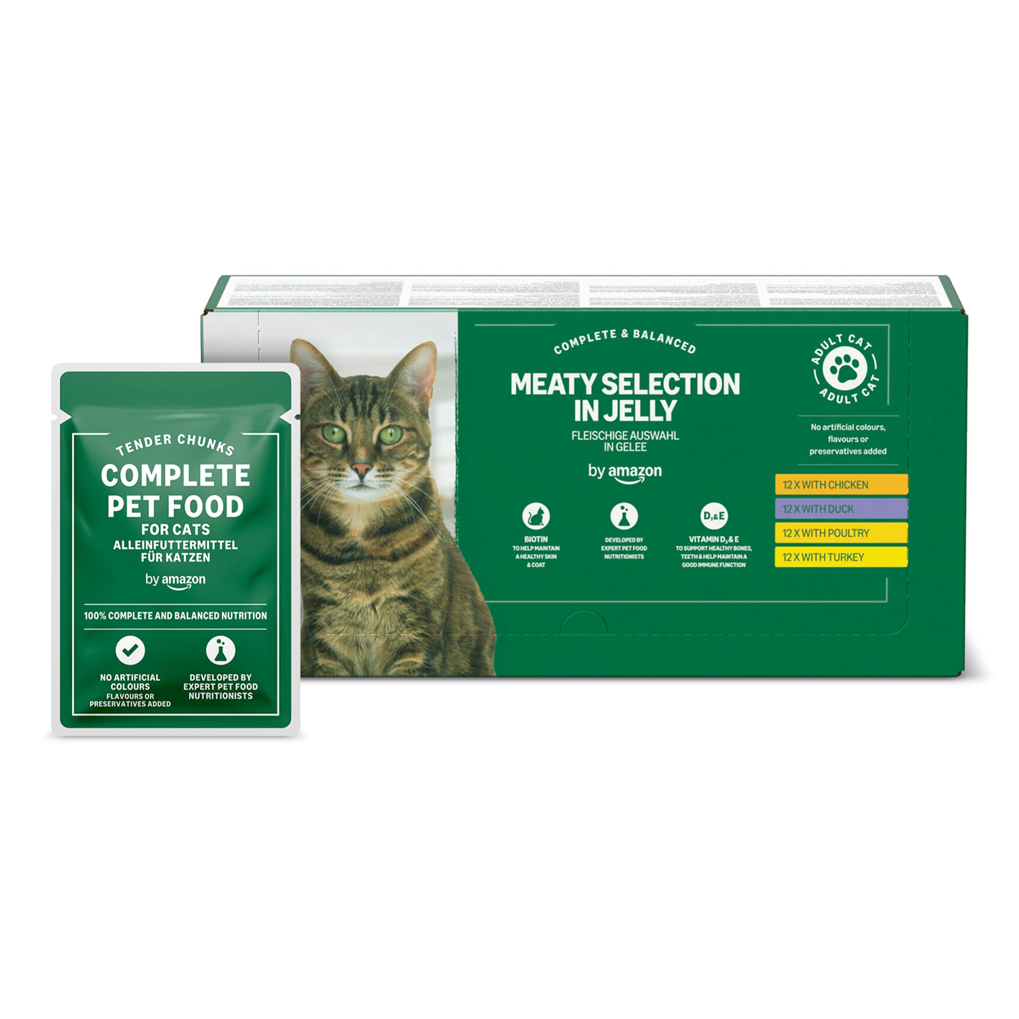 Sponsored Ad – by Amazon Grain-Free Complete Balanced Wet Food for Adult Cats, Meat Selection in Jelly, 4.8 kg (48 pouches of 100g)