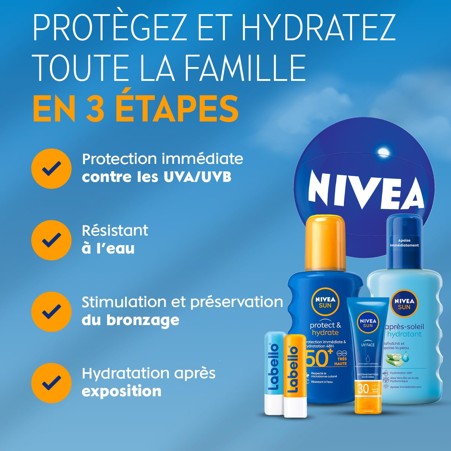 NIVEA SUN - Coffret Protection Solaire - Crème Solaire Visage FPS 30 (50 ml) + Spray Protect & Hydrate FPS 50+ (200 ml) + Spray Après Soleil (200 ml) + Duo Labello Sun & After Sun + Ballon De Plage