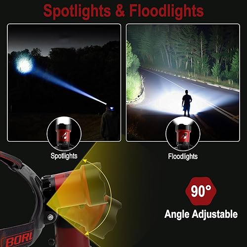 Miniatura 3 de BORUIT Linterna frontal recargable LED B13, súper brillante 90 ajustable 4 modos, IPX4 impermeable, faros de batería para adultos y niños, al aire