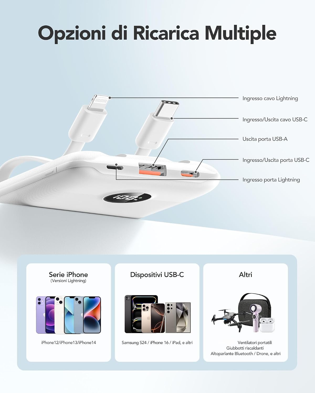 Detailed diagram of the WeeFancy power bank's ports, including integrated Lightning and USB-C cables, USB-A output, and USB-C input/output.