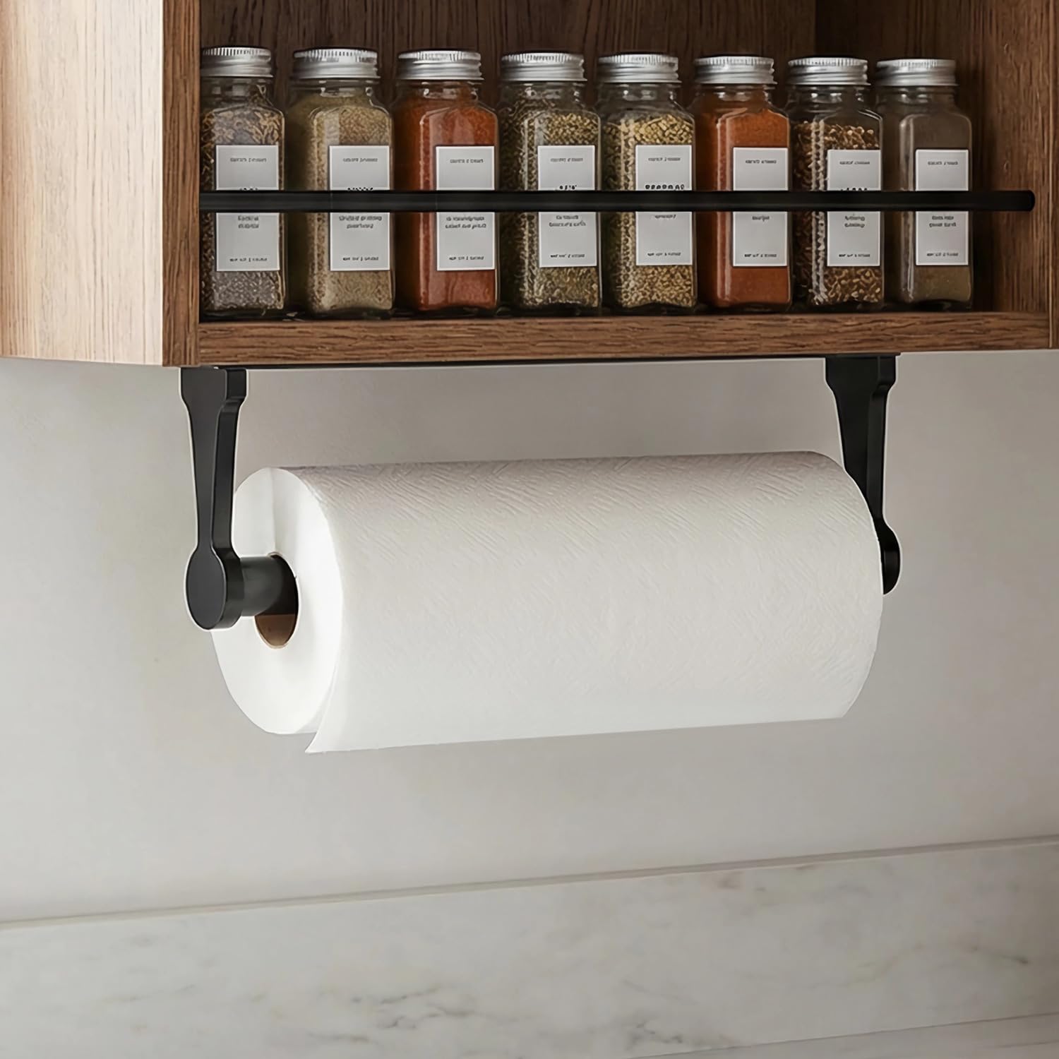 QWORK® Roll Holder Under Cabinet, Black Aluminum Alloy Paper Towel Holder, Self Adhesive Or Screw Installation, for Kitchen, Bathroom and More