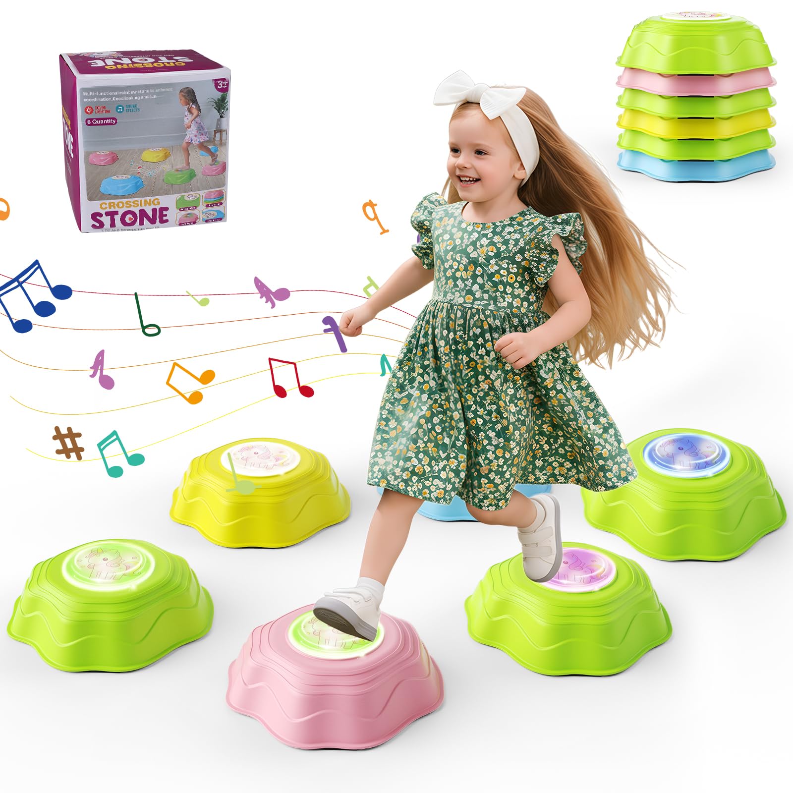 Leuchtende Balanciersteine für Kinder mit Musik - 6 Stück LED Balancier Stapelsteine - Rutschfeste Stapelsteine - Indoor