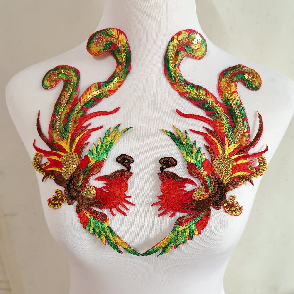 FJTANG Mandarin Duck Phoenix Embroidery Patches DIY Iron On Applique Accessories for Clothes Dress 1 Pair (Green A)