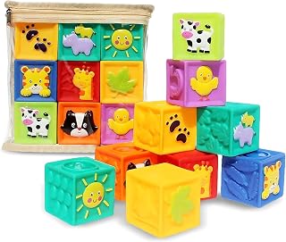 Kingtree 9PCS Soft Silicone Baby Stacking Blocks - BPA-Free Teething Toys with Squeaky Sounds, Numbers, Animals for 6+ Months