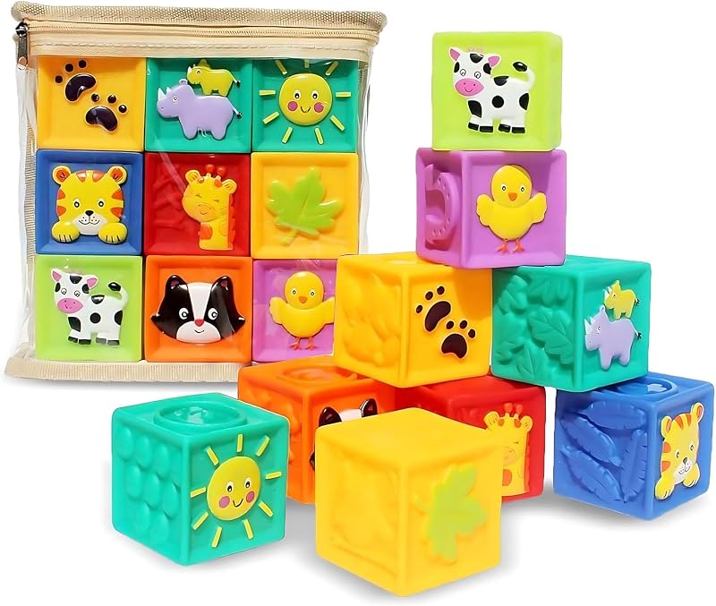 Bloques para bebés, 9 piezas de bloques de construcción suaves para apretar, juguetes apilables para bebés de más de 6 meses, juego de bloques educativos para masticar la dentición del bebé con números, animales, formas, texturas