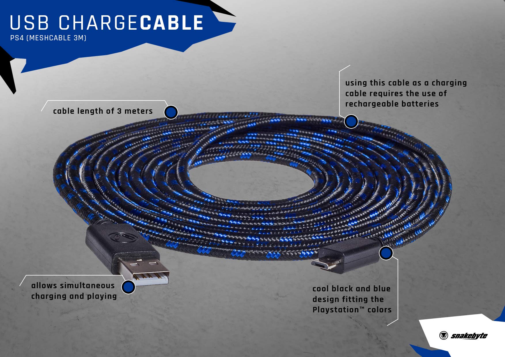 snakebyte PS4 Micro USB CHARGE:CABLE - 3m Mesh Cable - Ladekabel für Dualshock 4 Controller - PlayStation 4 & Xbox One kompatibel