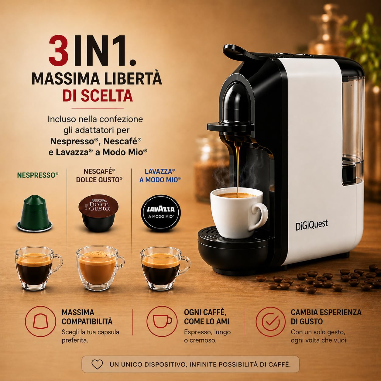 DIGIQUEST Cafetera COFFY WHITE 3 en 1 compatible con Nespresso®, Dolce Gusto® y A Modo Mio® | Café corto y largo | 1450 W de potencia | 0,6 litros | 19 bar | Edición limitada