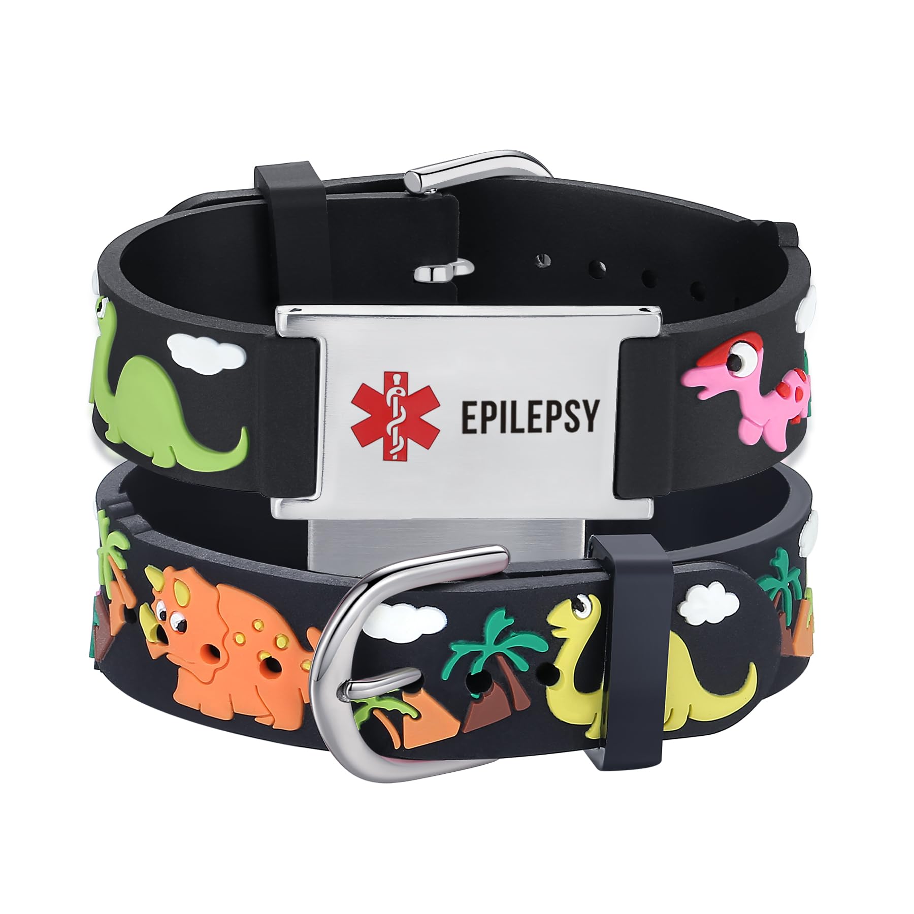 LinnaLove Medical Alert ID Bracelet – Custom or Pre-Engraved, QR Code Available,Blue Dinosaur Band