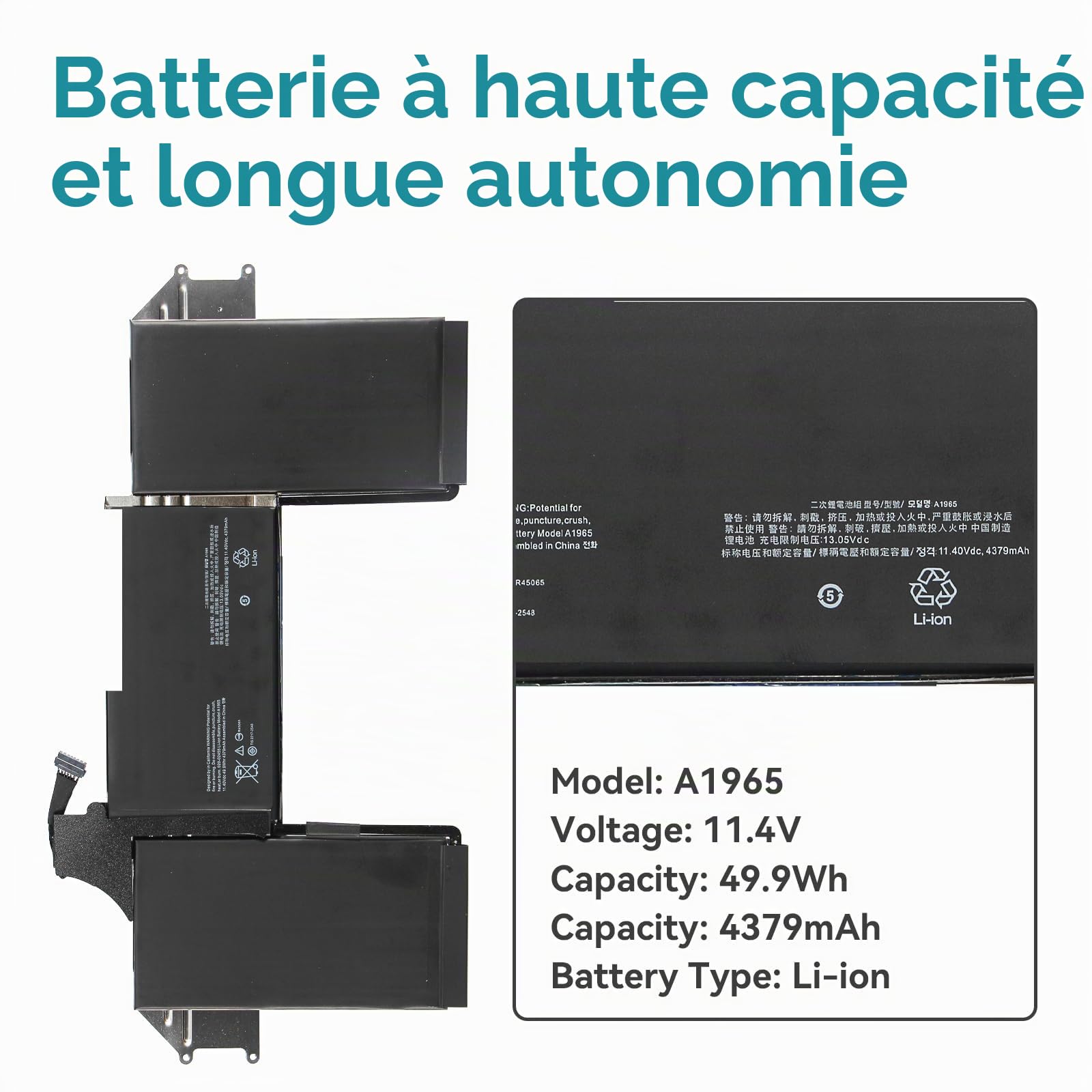 K KYUER A1965 Batterie pour MacBook Air 13" 13.3" A1932(Late 2018 2019) | A2179 (Early 2020) EMC 3184 3302 MacBookAir8,1 8,2 9,1 MRE82LL/A MRE92LL/A MVFH2LL/A MVFM2LL/A MRE82B/A MVFL2LL/A MREA2LL/A