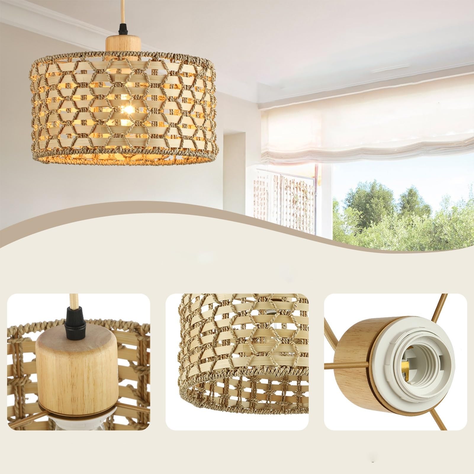 Boho rattan Hängelampe mit batterie,Innen batteriebetriebene Pendelleuchte mit Fernbedienung,Ohne Stromanschluss Hängelampen mit wiederaufladbarer Lichtquelle,Pendellampe mit RGB Farben dimmbar.