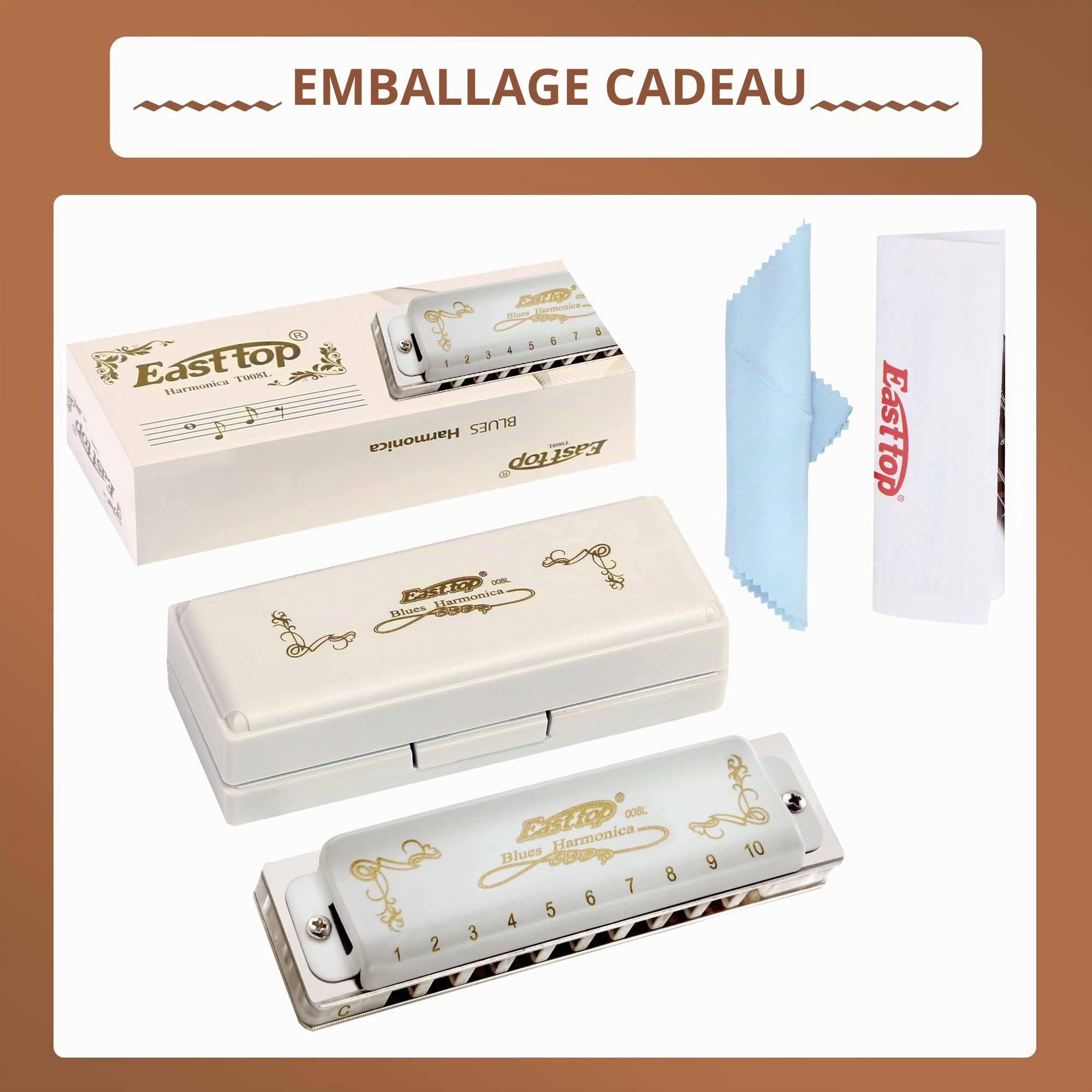 East top Harmonica Adulte Diatonique en Do 20 tons T008L avec Couverture Blanc, Harmonica Blues Diatonique en do, harmonica diatonict pour Débutants et étudiants, comme meilleur cadeau