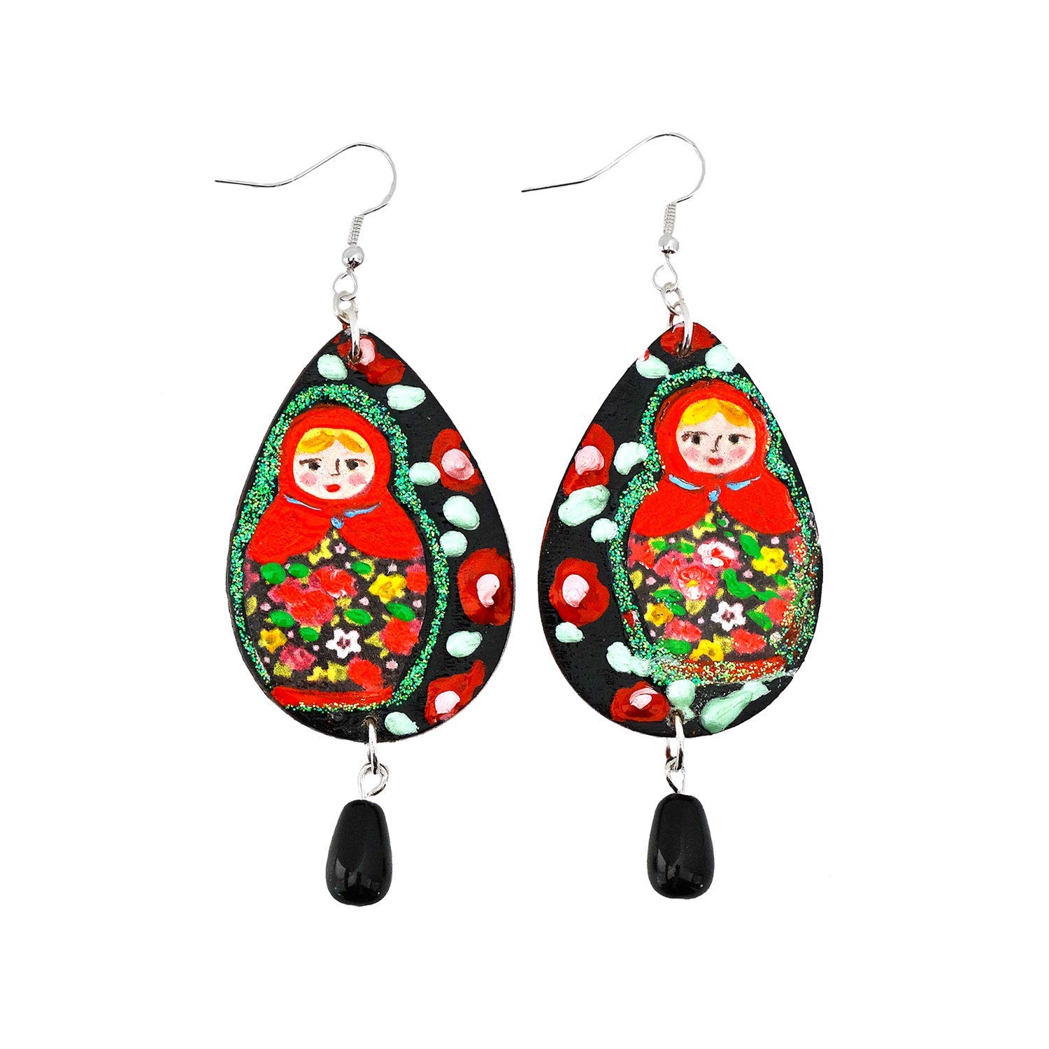 Pendientes pintados a mano – ¡SIMPÁTICA MATRIOSKA! - Pendientes colgantes de mujer, Joyas de madera pintadas a mano, Gancho de plata, Made in Italy, Bisutería femenina decorada, Elaboración artesanal