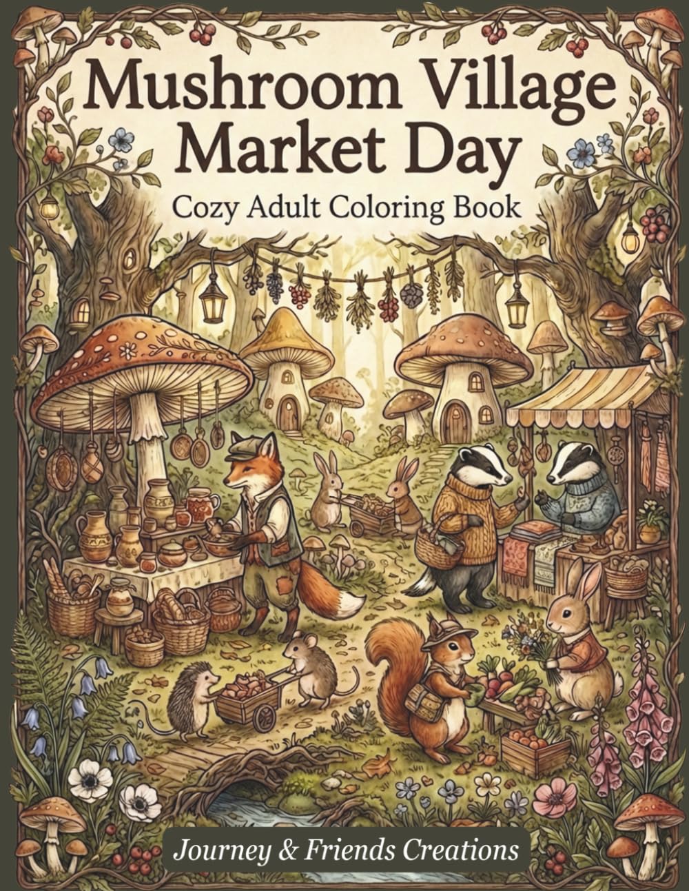 Mushroom Village Market Day Cozy Adult Coloring Book: 40 Detailed Woodland Creature Illustrations with Full-Color Reference Pages