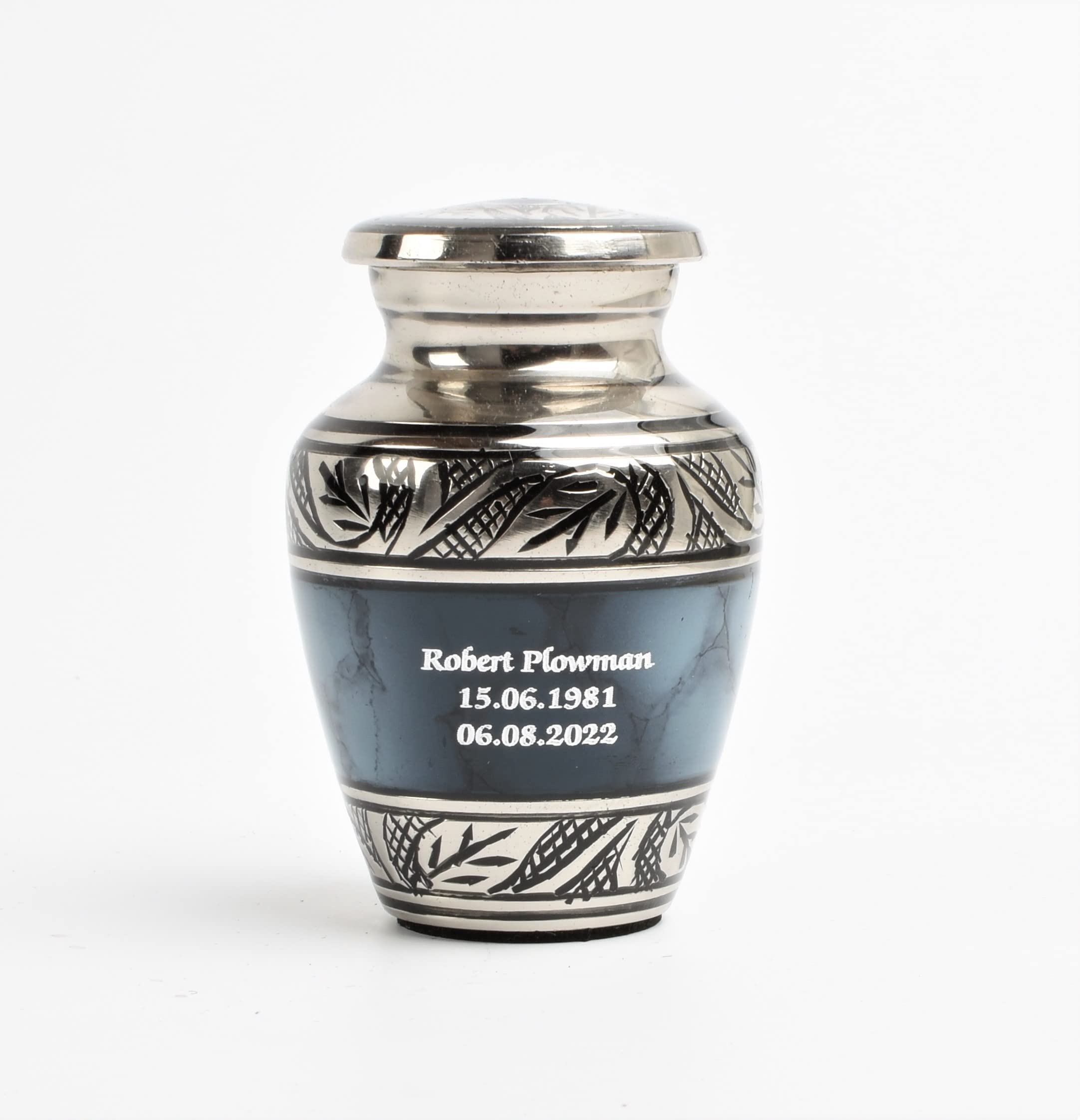 Small Keepsake Urn for Human & Pet Ashes – 3" Memorial Container With Velvet Presentation Gift Box - Capacity 7 Teaspoons - Handcrafted in Metal Aluminium Brass (Blue Cloud- Text Engraved)