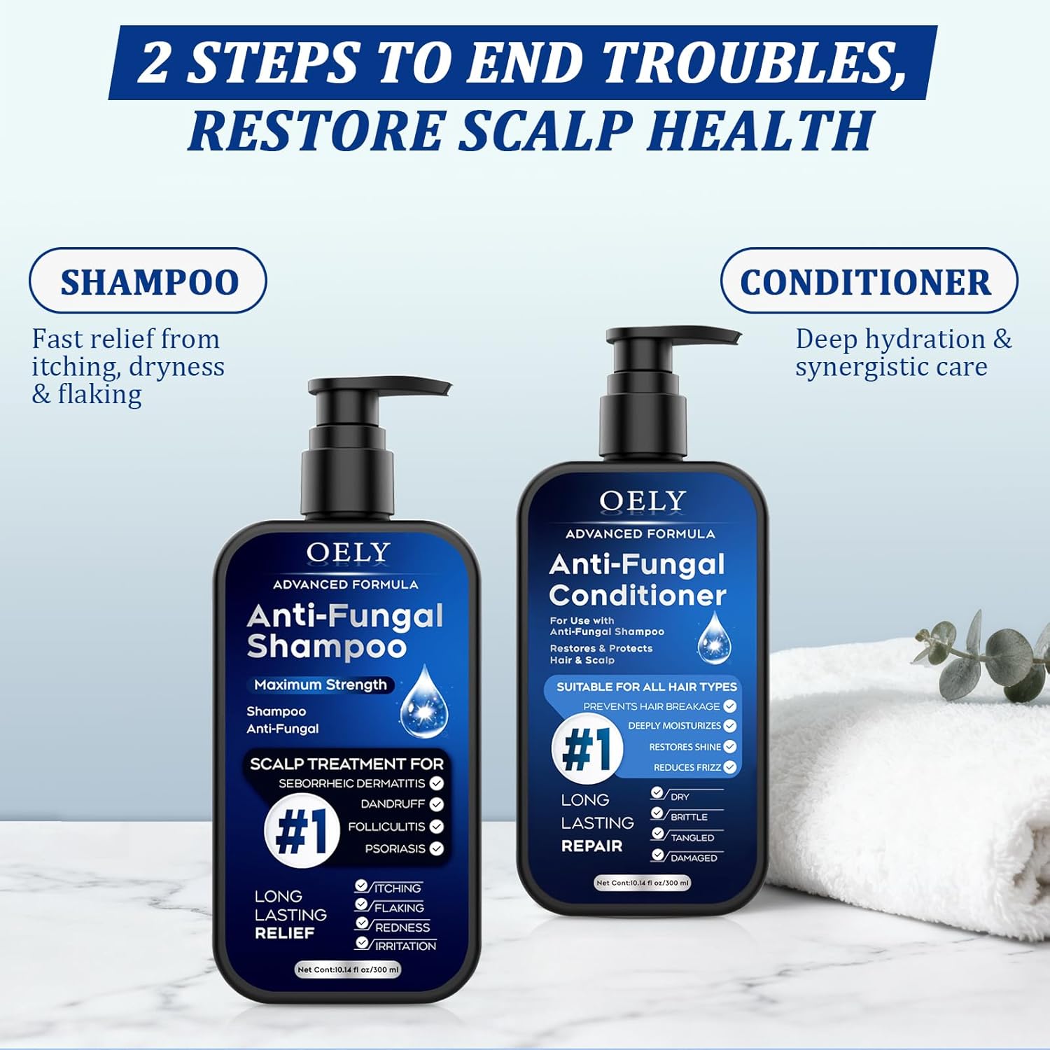 Antifungal Shampoo & Conditioner Set: For Folliculitis, Scalp Psoriasis & Seborrheic Dermatitis, Relieves Redness, Itching, Flaking & Dryness, Strengthens, Repairs & Boosts Shine - 20.28 fl.oz - Image 7