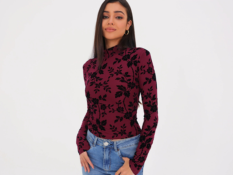 Top A Maniche Lunghe In Rete Donna MASCOMODA - Collo Alto Floreale - Crop Top Aderente Autunno 2025