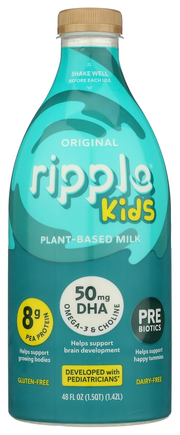 Ripple Kids Original Vegan Pea Milk 48oz - 8g Protein, DHA, Prebiotics, Pediatrician-Approved Dairy-Free Nutrition for Growing Kids