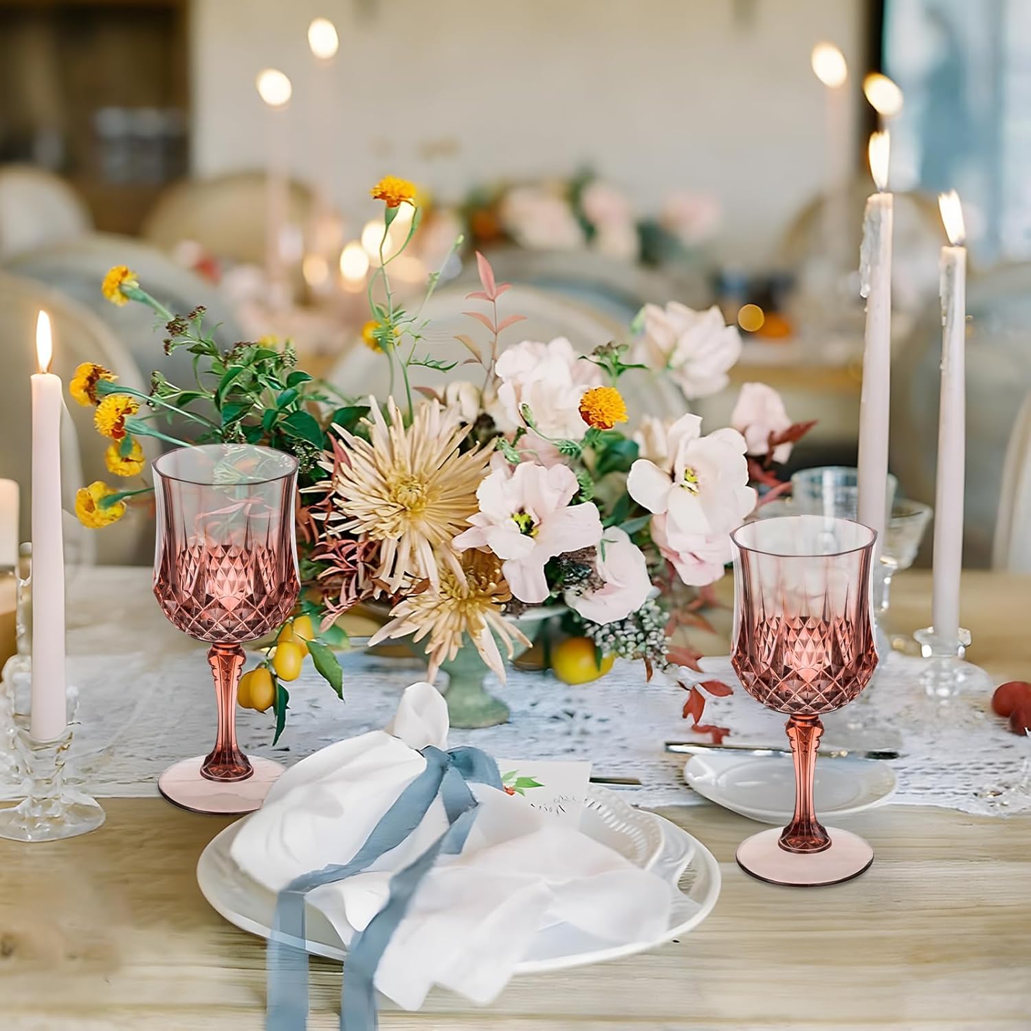 7OZ Plastic Wine Glasses, 10Pcs Rose Red Reusable Drinking Cups Vintage Champagne Flutes, Plastic Crystal Water Goblets for Parties Stemmed Shatterproof Drinking Glasses for Wedding, Toasting Party - Image 2