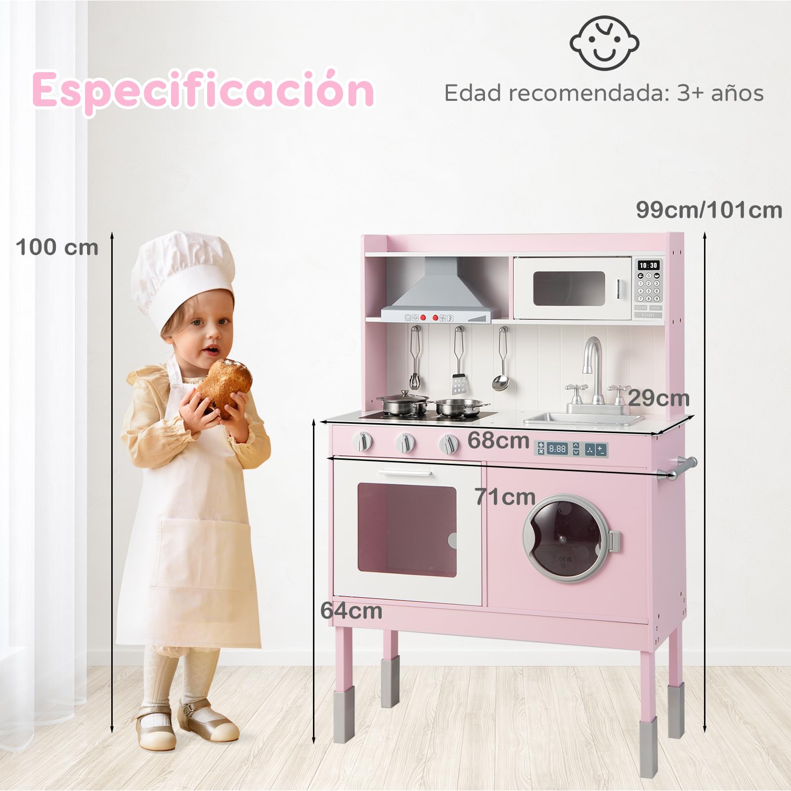 RELAX4LIFE Cocina Juguete con 5 Accesorios y Altura Ajustable 95/99/101cm, Cocinita Infantil con Luces y Sonidos Reales, Espacio de Almacenaje, Cocinita de Madera para Niños 3-8 Años (Rosa-Mini)