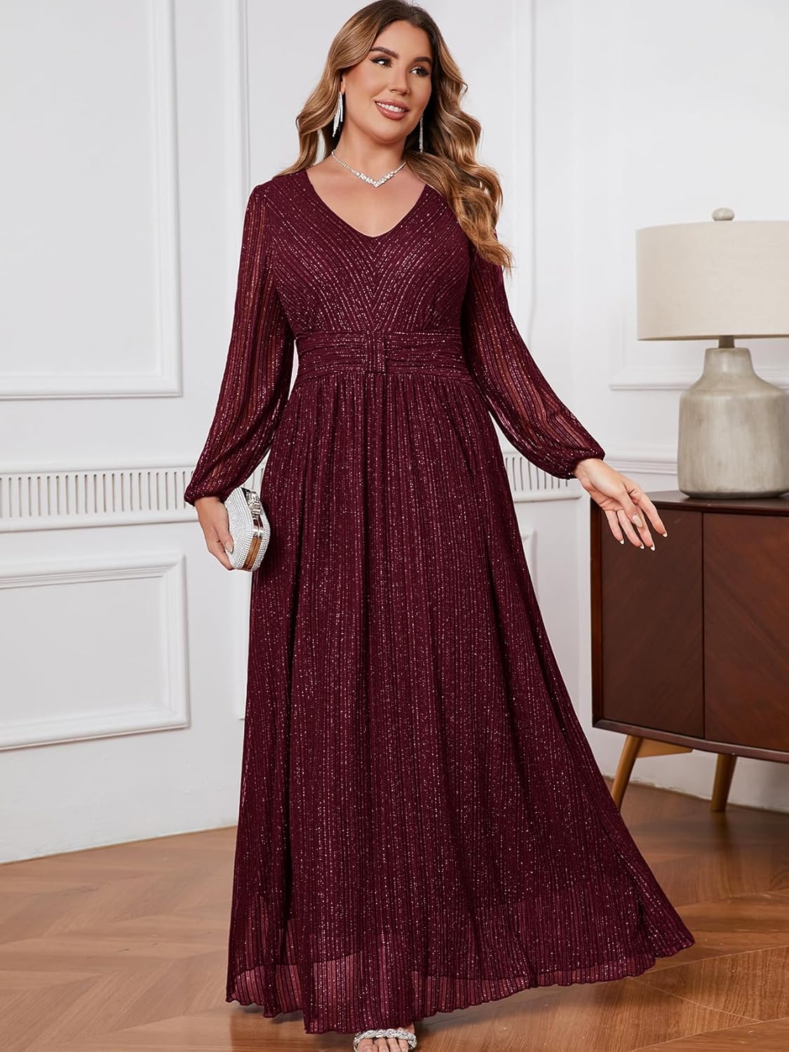 CYCLAMEN Plus Size Sparkly Formal Dress Lace Maxi V Neck Cocktail Evening Gown Wedding Guest - Image 3