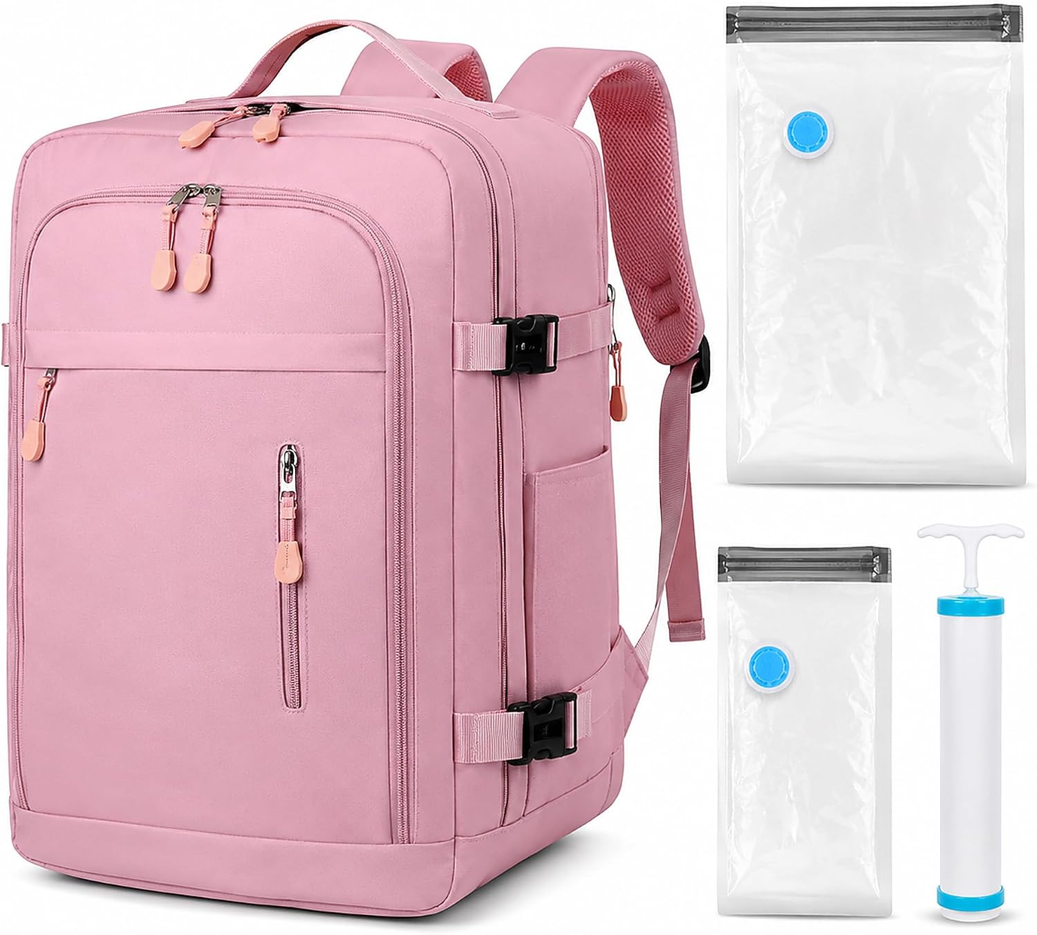 Carry-On Travel Backpack with 2 Vacuum Compression Bags & Manual Pump