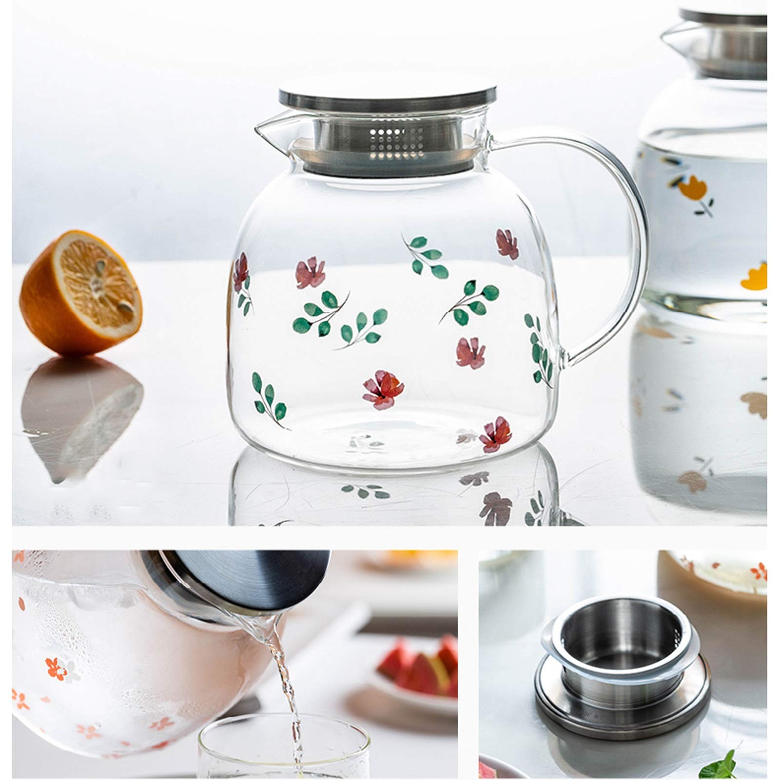 Pichet Le pichet en Verre de 50 oz avec Couvercle de Filtre en Acier Inoxydable La Carafe de Verre est en matériau Borosilicate Peut Supporter Une température élevée Pichets