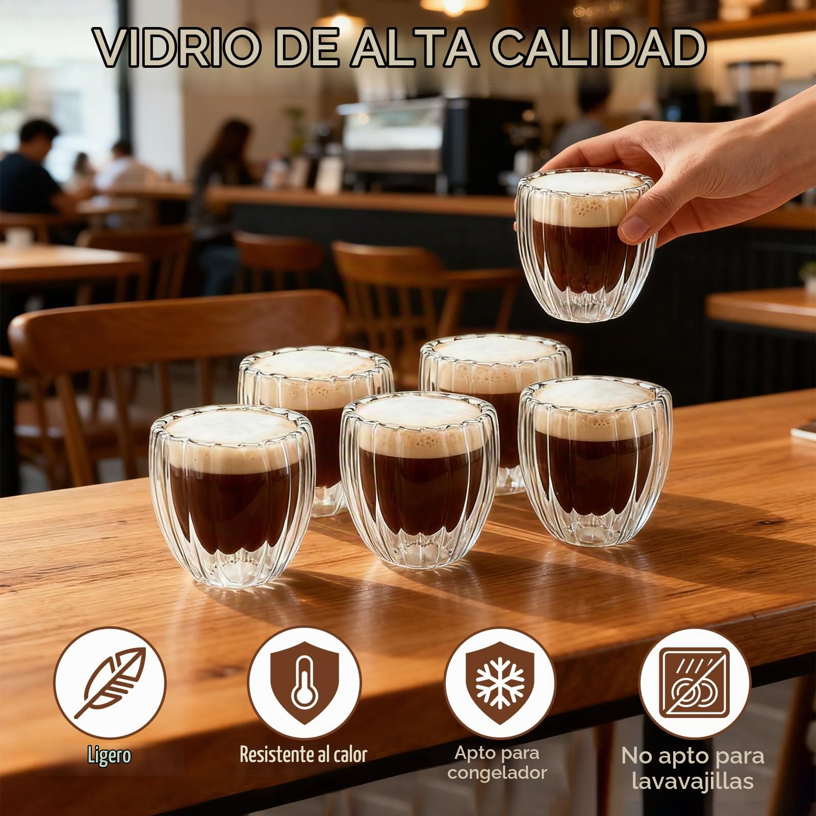 Conjunto De 6 Tazas de Café de Cristal, 150 ml Vaso Cafe de Doble Pared, Juego de Tazas de Cafe es Adecuado para Hacer Capuchino, Café con Leche de Matcha, Té de Frutas, Vino Tinto