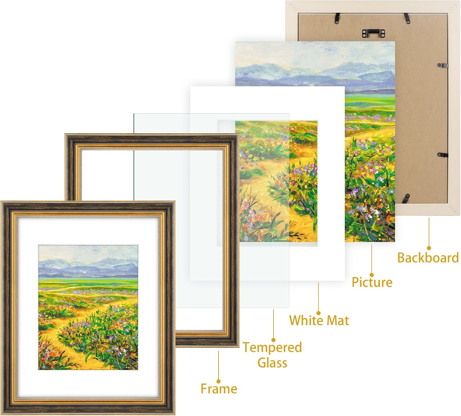 Golden State Art,11x14 Ornate Picture Frame for 8x10 Photo with Mat or 11 x 14 Prints without Mat,Real Glass Wall Display(Color: Black Gold)
