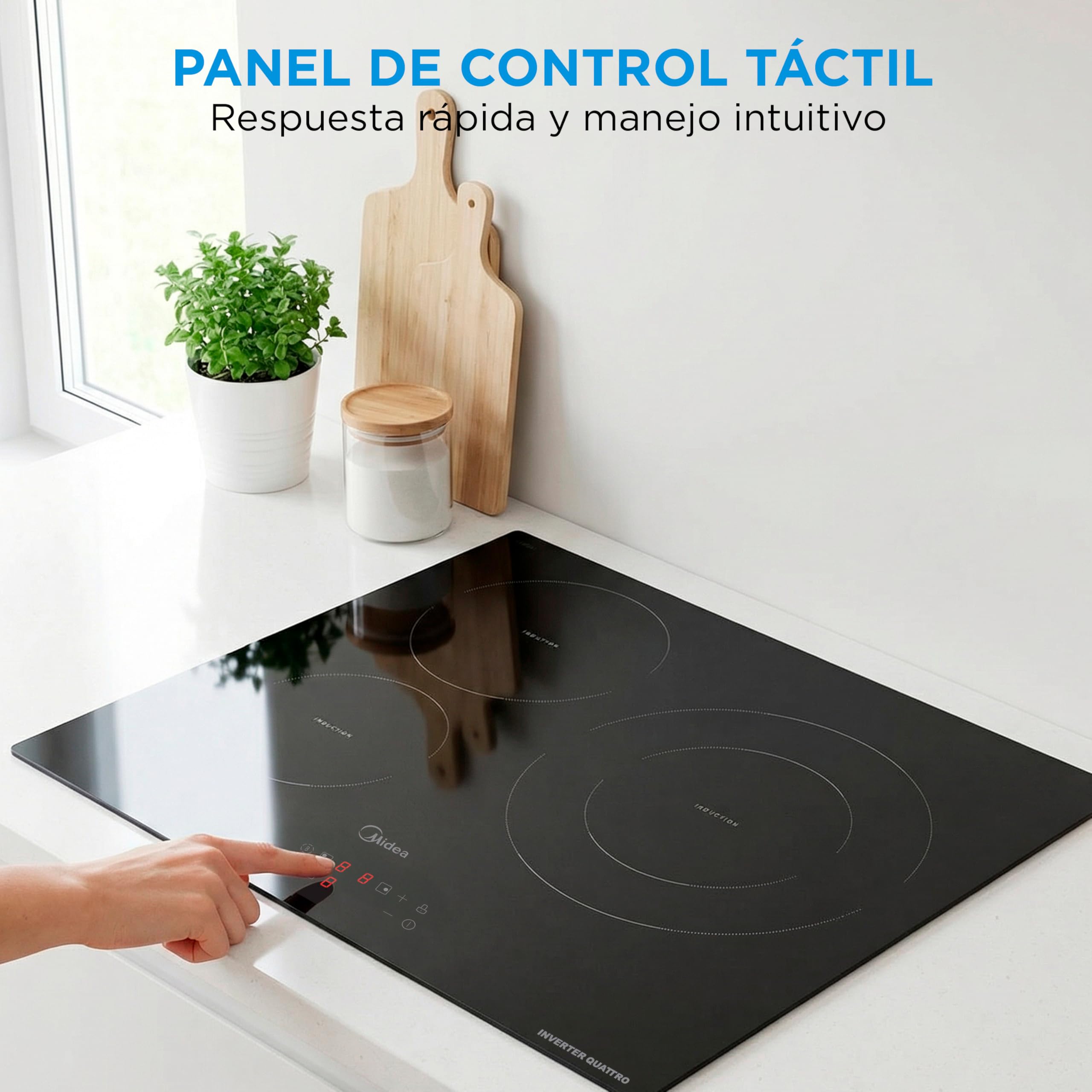MIDEA Placa Inducción 3 fuegos 60 cm 7200 W - Vitroceramica Induccion Integrada con Panel de control tactil, Inverter quattro, 9 Niveles de Potencia, Booster, Indicador de Luz, y Temporizador.