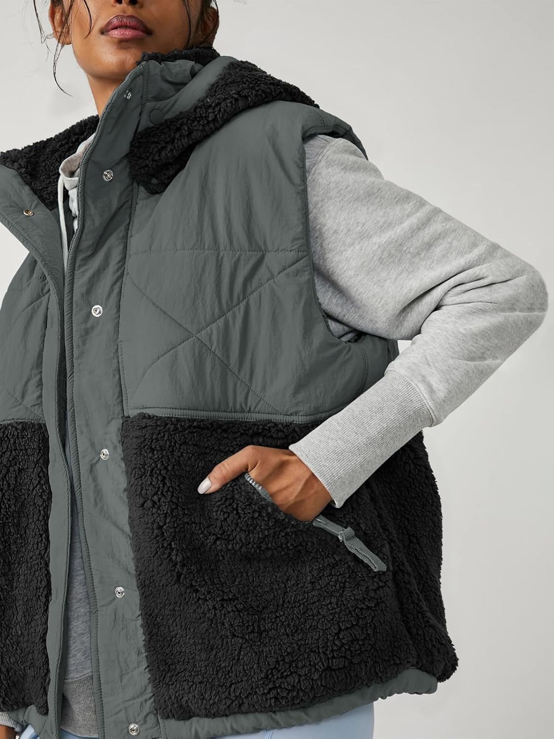 Imily Bela Womens Winter Sherpa Fleece Vest Stand Collar Button Down Sleeveless Jacket Casual Hooded Coat Outerwear - Image 5