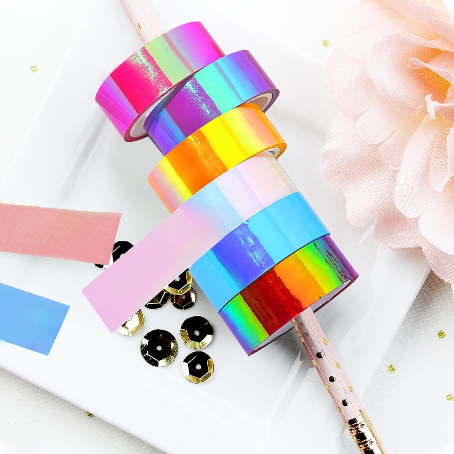 12 Rolls Rainbow Holographic Tape Set Clear, Iridescent Metallic Tape Waterproof Glitter Transparent Decorative Stickers for Crafts DIY Art Scrapbook Wrapping 6-Color