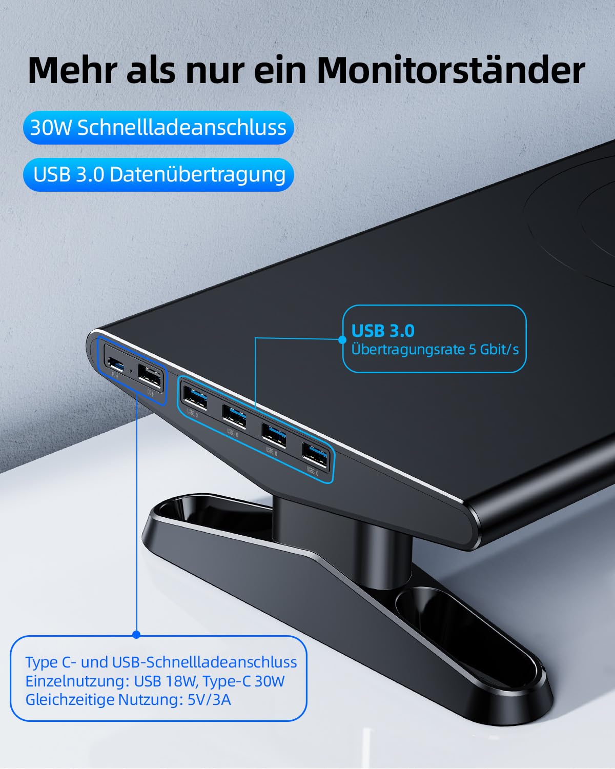 Monitorständer mit 6 USB C 3.0 Hub,HöHenverstellbar Monitor Erhöhung Schreibtisch Organizer Monitor Stand Riser mit Handyhalterung,Bildschirmerhöhung Ständer für Laptop,Computer,PC,Tv(Schwarz)
