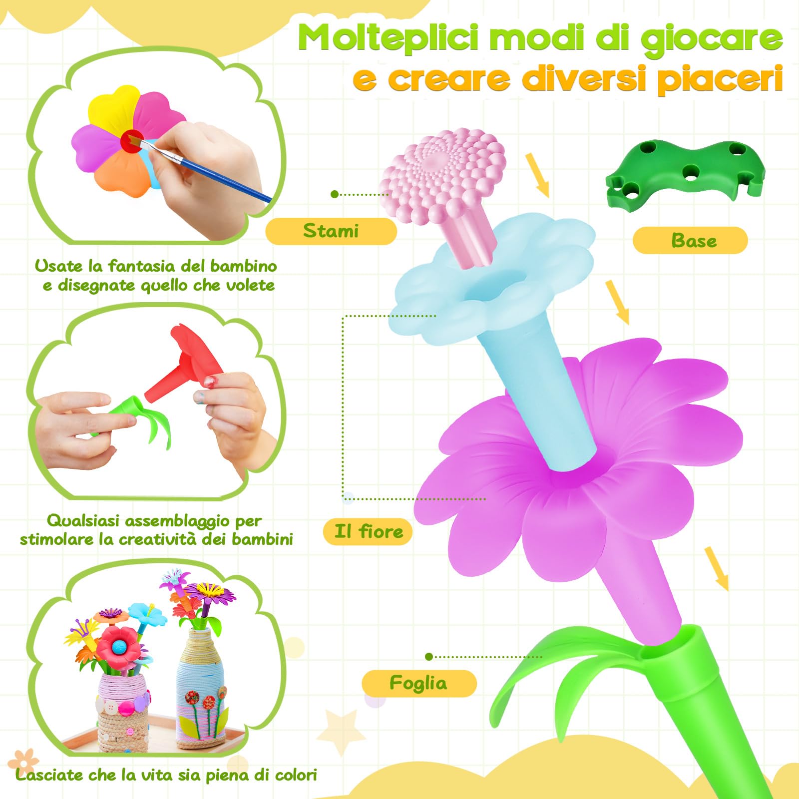 Rianpesn Set di Bouquet Fai da Te - Giochi da Giardino per Bambini per Costruire Bouquet di Fiori,Gioco impilabile Riutilizzabile per la Costruzione di Fiori, Gioco impilabile per Bambini di 3 Anni