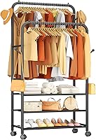 Furologee Portable Rolling Garment Rack - Sturdy Metal Double Rod Clothes Rack with Wheels & Adjustable Shelves for Bedroom, Laundry Room