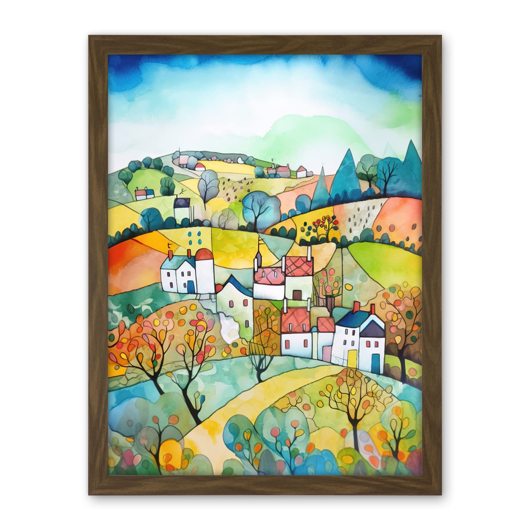 Artery8 English Country Rural Landscape Folk Art Watercolour Painting Artwork Framed Wall Art Print 18X24 Inch