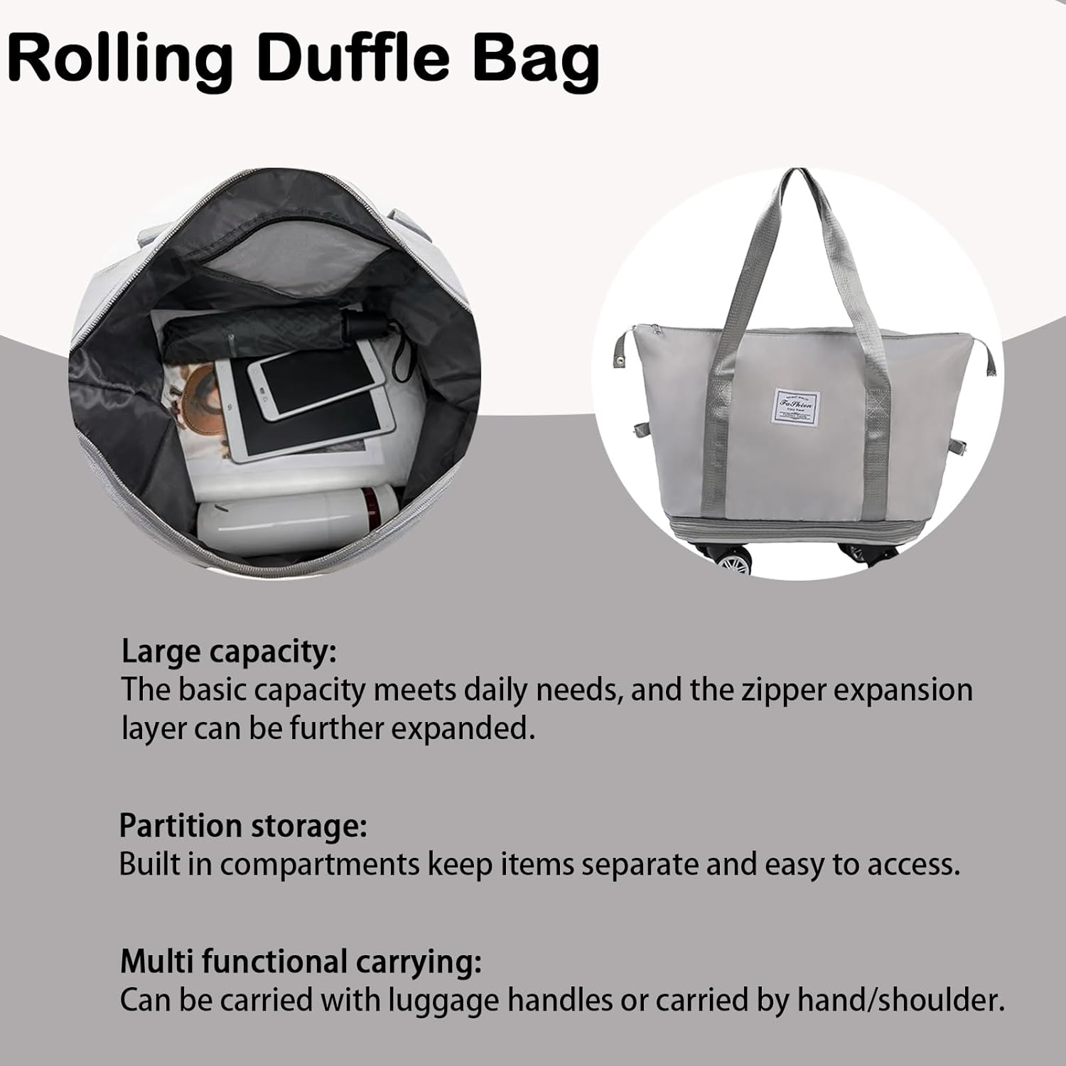 Large Foldable Duffle Bag with Wheels and Handle, Rolling Travel Duffle Bag Water Resistant Luggage, Lightweight Travel Suitcase, Multiple Interior and Exterior Pockets, Grey,1 Pack - Image 5