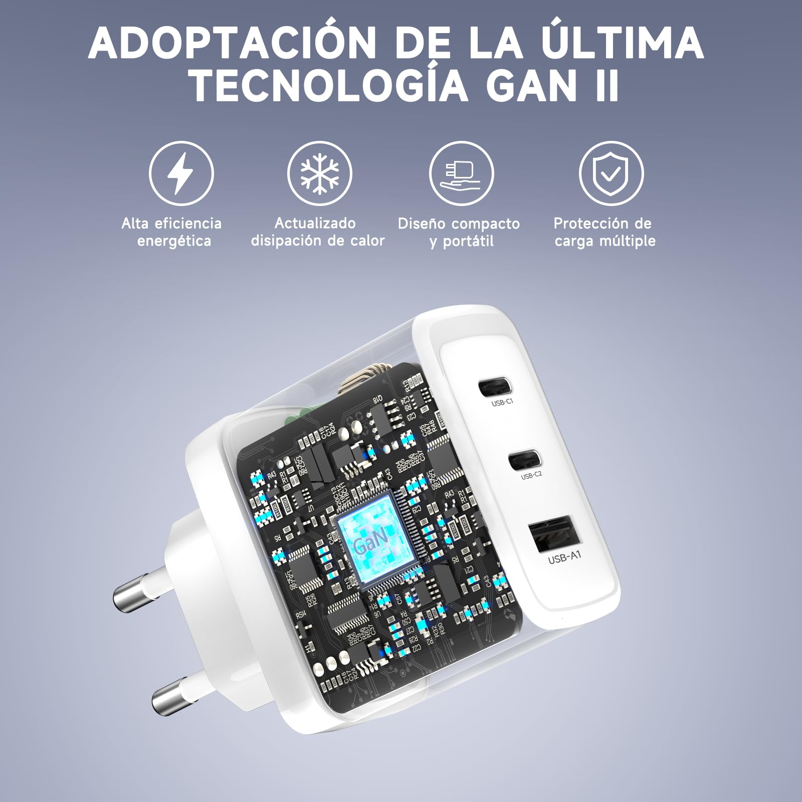 Cargador USB C 65W, Carga Rápida 3 Puertos PD3.0 & QC3.0, GAN II con Cable USB C Trenzado 2M, Compatible para MacBook Pro/Air, para iPhone 17/16/15, para Samsung Galaxy S25/S24/S23/S22 Ultra