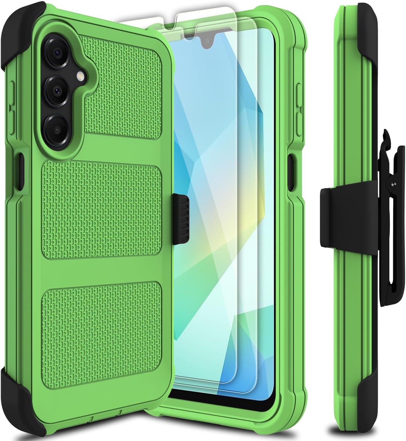 for Samsung Galaxy A16 5G Case with 2 Pack Tempered Glass Screen Protector, [Holster Series] Belt Clip Hard Tough Heavy Duty Rugged Shockproof Protective Cell Phone Case (Green)