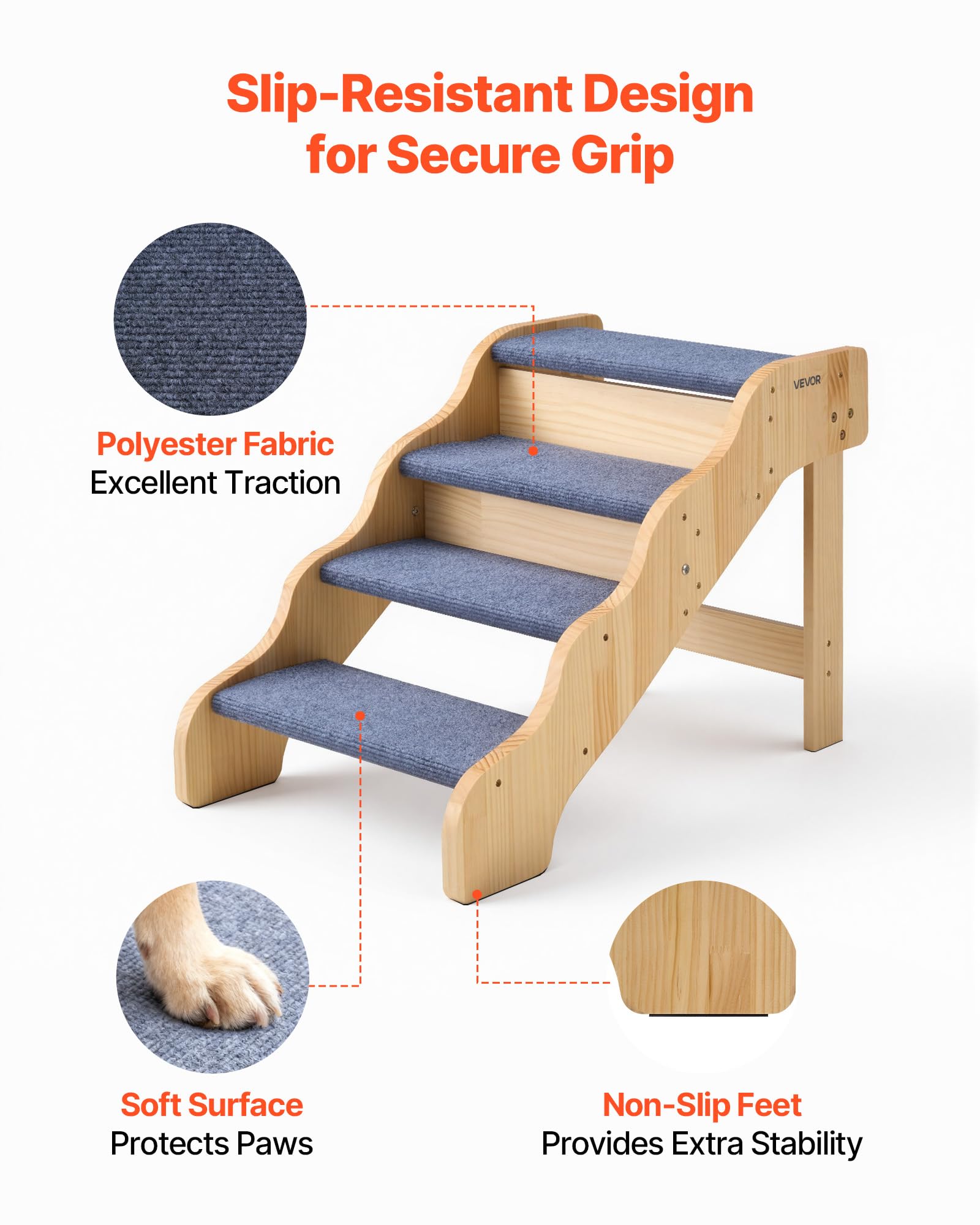 VEVOR Scale in Legno per Animali Domestici a 4 Gradini per Letti Alti, Divani e Auto, Carico di 68 kg, Superficie Antiscivolo, Scaletta Stabile per Cani e Gatti, Accessori Essenziali per Cuccioli