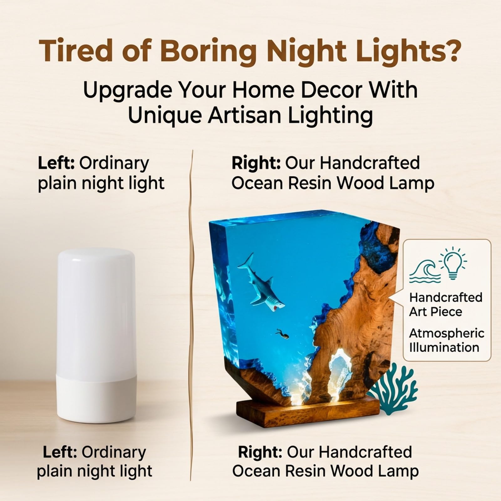 Lampada Resina Epossidica, Luce Notturna con Design Oceano 3D | Lampada LED artigianale in resina e legno per scrivania, comodino, camera e arredamento casa(15*13cm/5.9*5.1in)