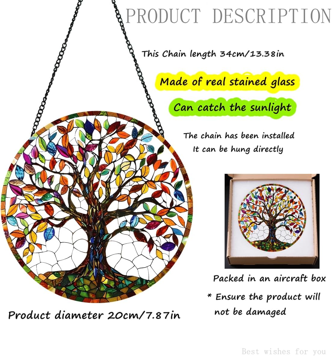 Hand-Painted Stained Glass Sun Catcher with Tree of Life Designs - 7.8'' Window Hanging for Indoor/Outdoor Decor, Big Tree Suncatcher Glass Panel Wall Art Decor, Gifts for Women (tree-01) - Image 2