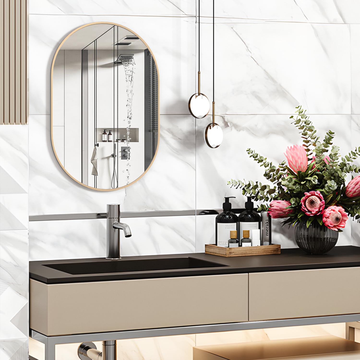Ovale Miroir de Salle de Bain, 50x75cm Miroir Mural Ovale, Doré Miroirs Ovales pour Meubles Lavabos, Capsule Miroir Mural, Moderne avec Cadre en métal doré pour Chambre à Coucher